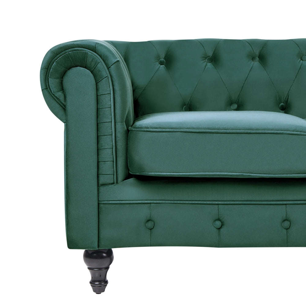 Divano Chesterfield Tessuto Velluto Verde Rivestimento Gambe In Legno Scuro 3 Posti Contemporaneo