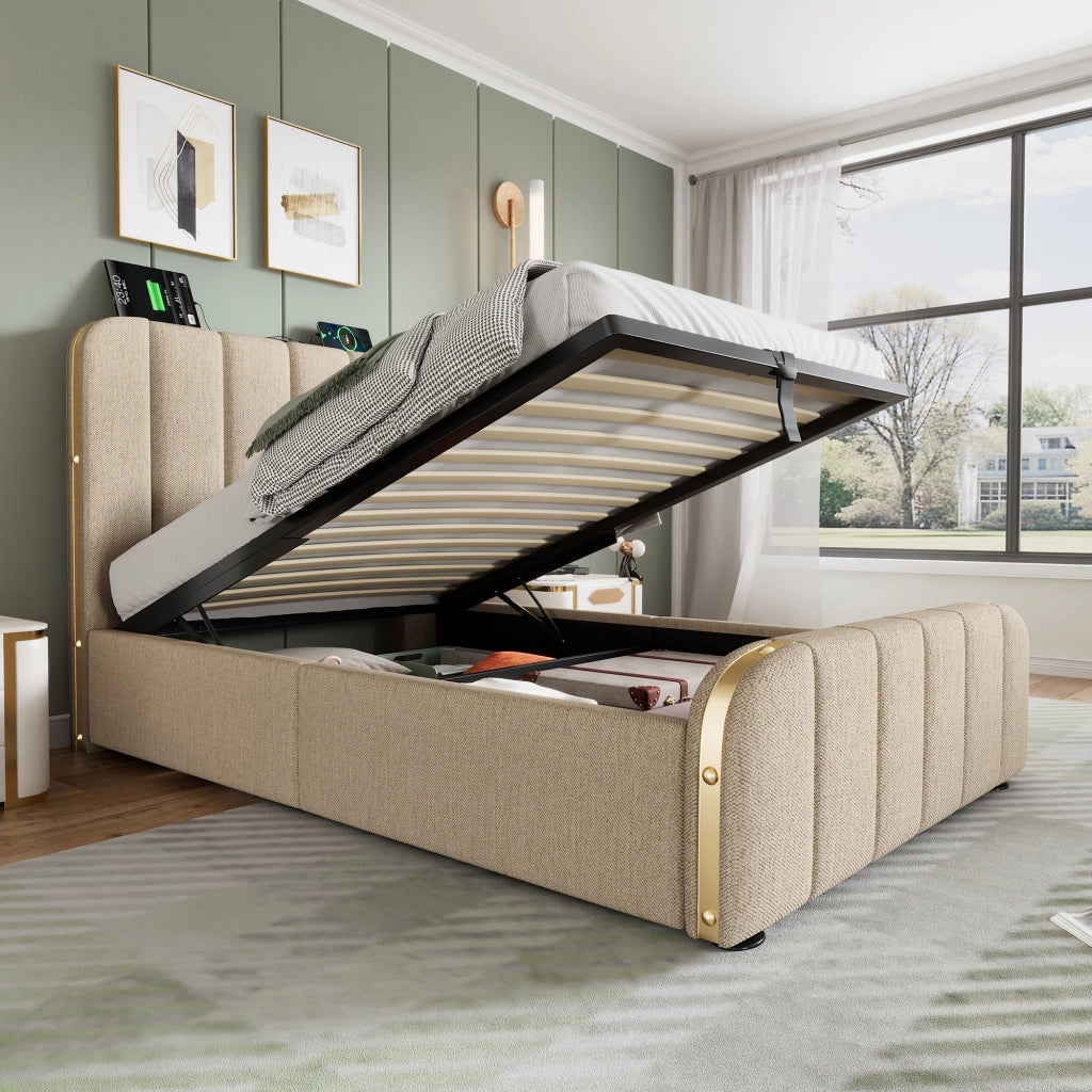 LETTO Contenitore 90x200 cm in Lino Beige con USB Type-C
