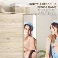 Scarpiera con Specchio per 16 Paia di Scarpe, 4 Cassetti a Ribalta e 2 Armadietti, 82x30x168cm, Rovere