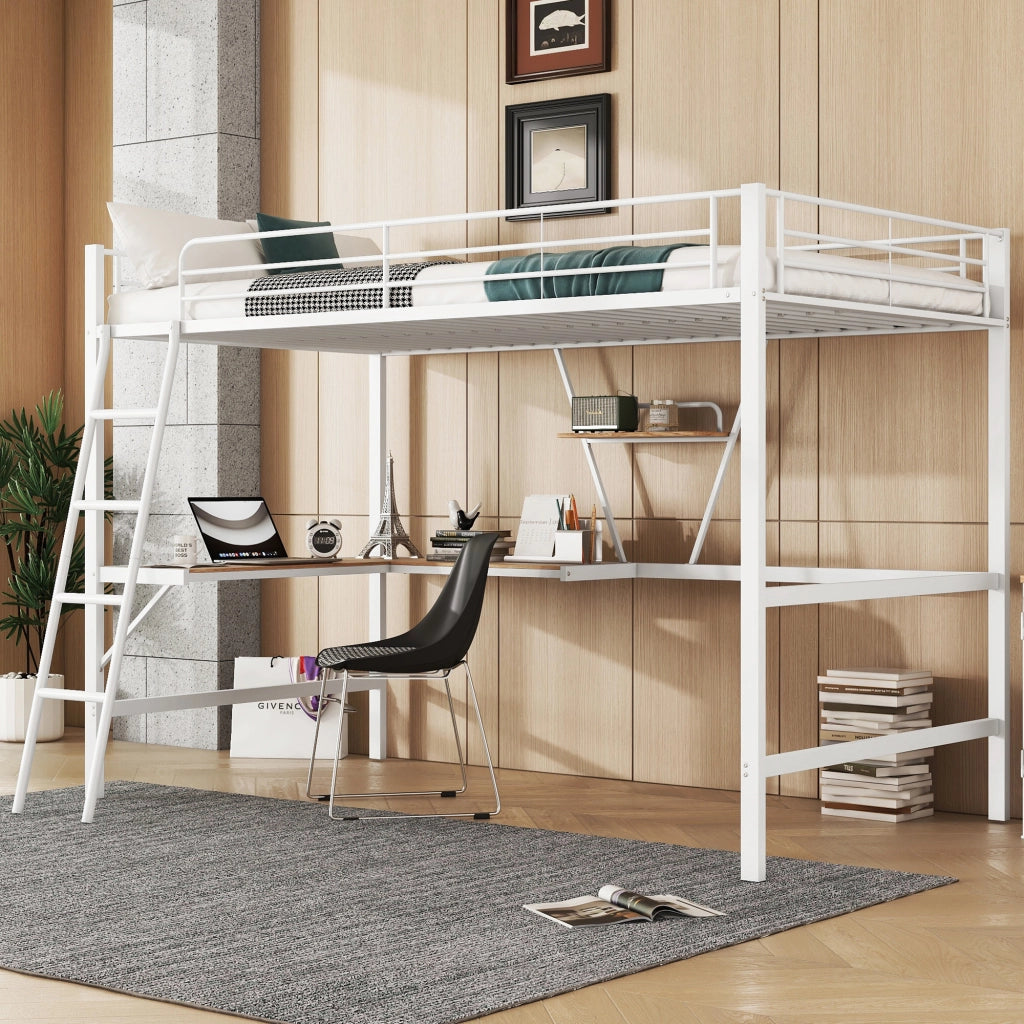 Letto a castello bianco in metallo con scrivania a l e scaffale 90x200 cm