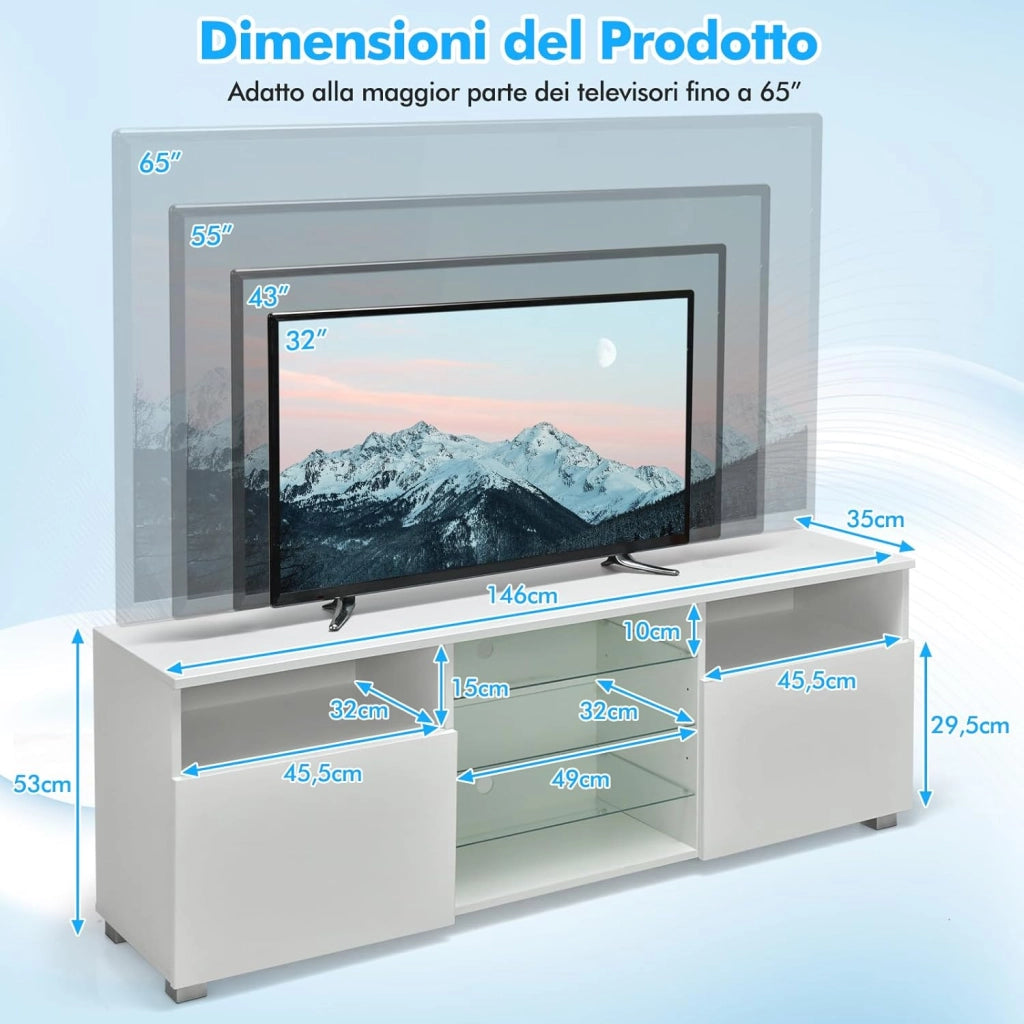 Mobile Porta TV con Luci, Mobile TV per Televisione Fino a 65", Tavolino Multifunzionale da Soggiorno, con Ripiani in Vetro Regolabili, Mobiletto Porta TV a 2 Porte, 146 x 35 x 53 cm