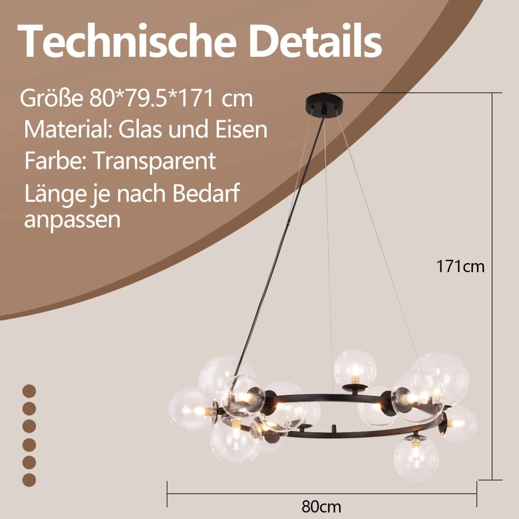 Lampada a sospensione ZMH moderna per sala da pranzo 14 fiamme lampadario G9 con sfera in vetro