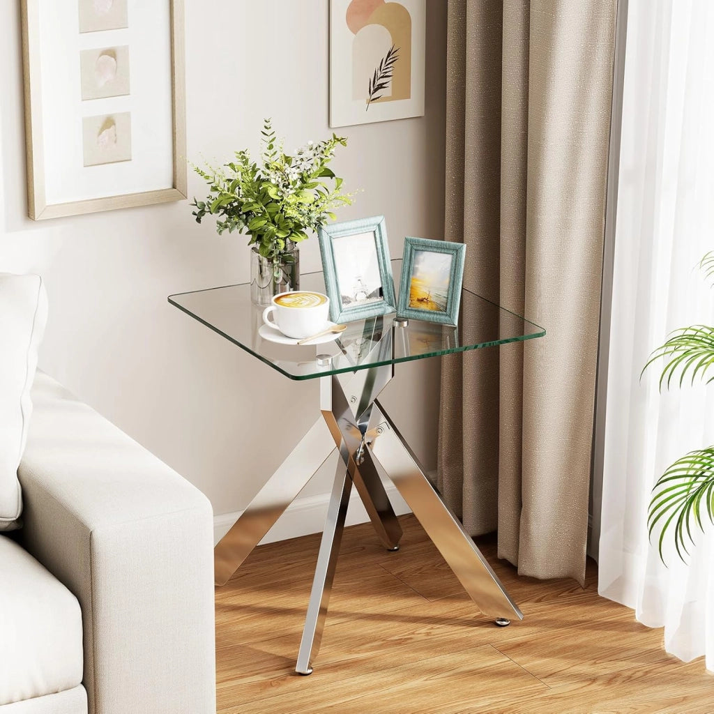 Tavolino Laterale in Vetro, Tavolino Moderno Quadrato con Piano in Vetro Temperato e Base a X in Metallo, Tavolo per Spazi Ristretti, per Soggiorno e Camera da Letto