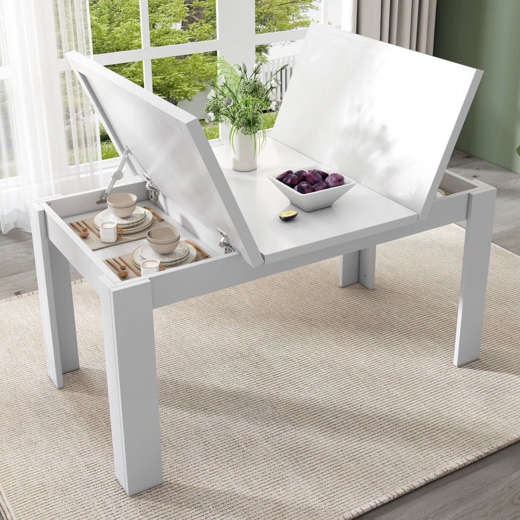 Tavolo da pranzo con piano ribaltabile e vano contenitore stile moderno per sala da pranzo e cucina in MDF bianco 120 × 70 cm