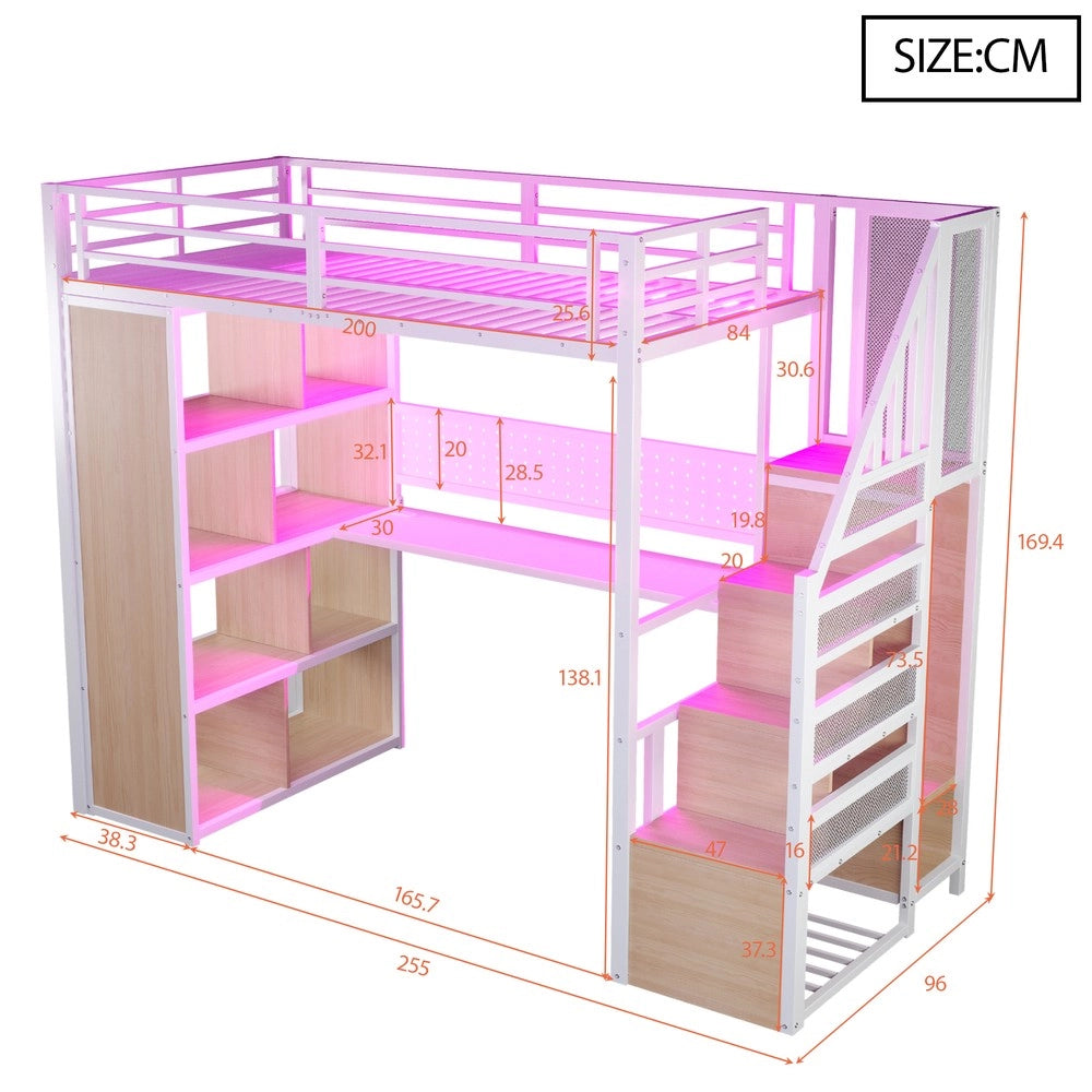 Letto a Soppalco con Scrivania, Armadio e LED ¨C MINIMAL ¨C Metallo Bianco 90x200