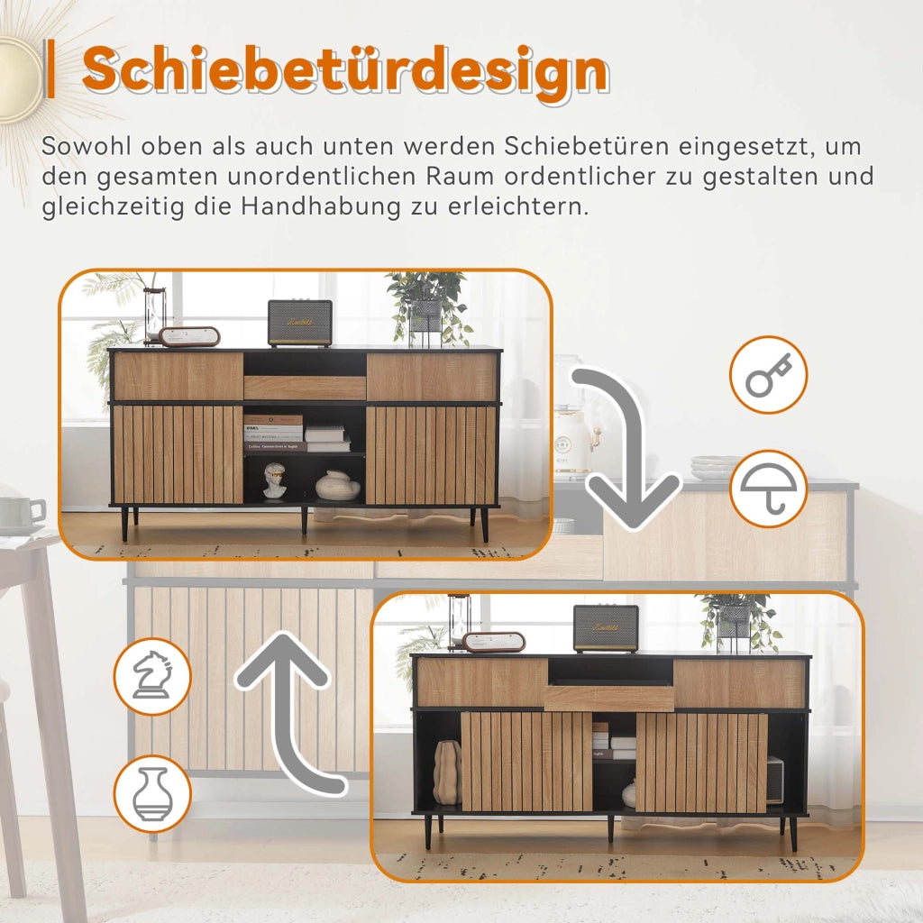Credenza con 4 ante scorrevoli; 1 cassetto e ripiani regolabili per soggiorno in truciolare nero 160×40×80 cm