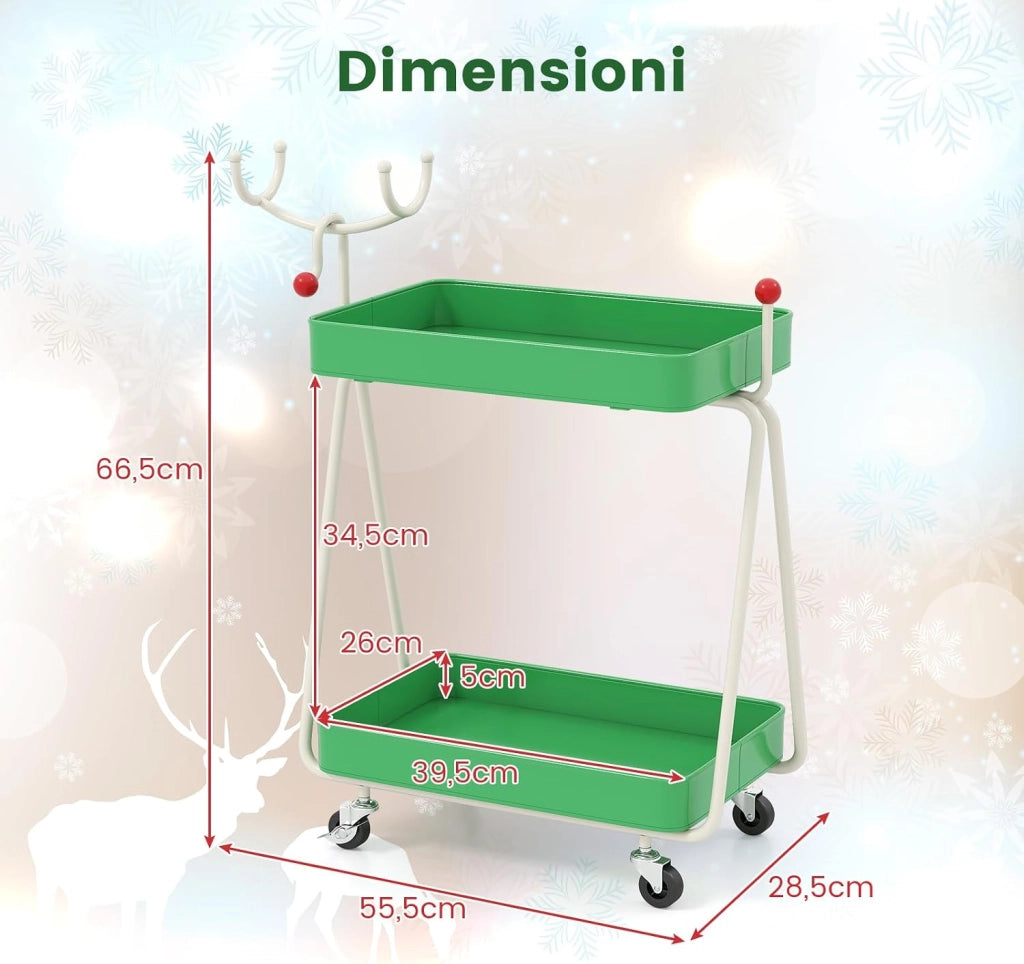 Carrello Portaoggetti con Ruote, Carrello Natalizio a 2 Ripiani con Ganci Superiori e Struttura in Metallo, Scaffale Decorativo di Renne, per Cucina, Soggiorno e Bagno, 55,5 x 28,5 x 66,5 cm