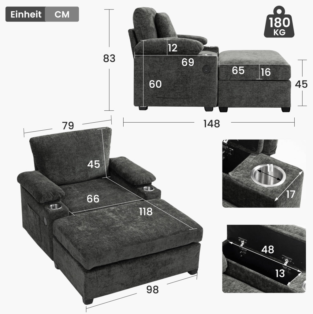 Poltrona reclinabile in chenille grigio scuro con portabicchieri e vano contenitore; 90°