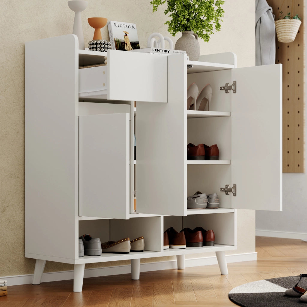 Credenza moderna bianca 90x35x99 cm con ripiani regolabili e gambe in legno massello