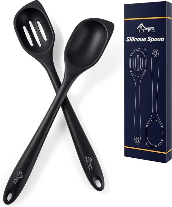 Spatel e lepel in silicone, resistenti al calore, per mescolare, servire, raschiare, con trattamento antiscivolo, lavastoviglie, nero, 12,5 pollici