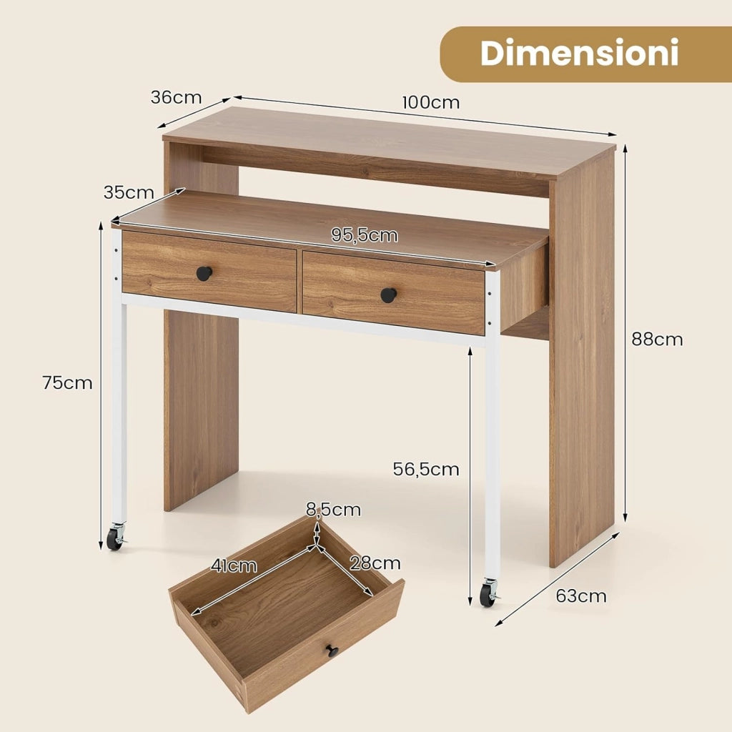 Scrivania per Computer, Tavolo Salvaspazio Retrattile con Cassetti e Ruote Universali Bloccabile, 100 x 63 x 88 cm, Desk Gaming per Ufficio, Soggiorno e Camera da Letto (Naturale)
