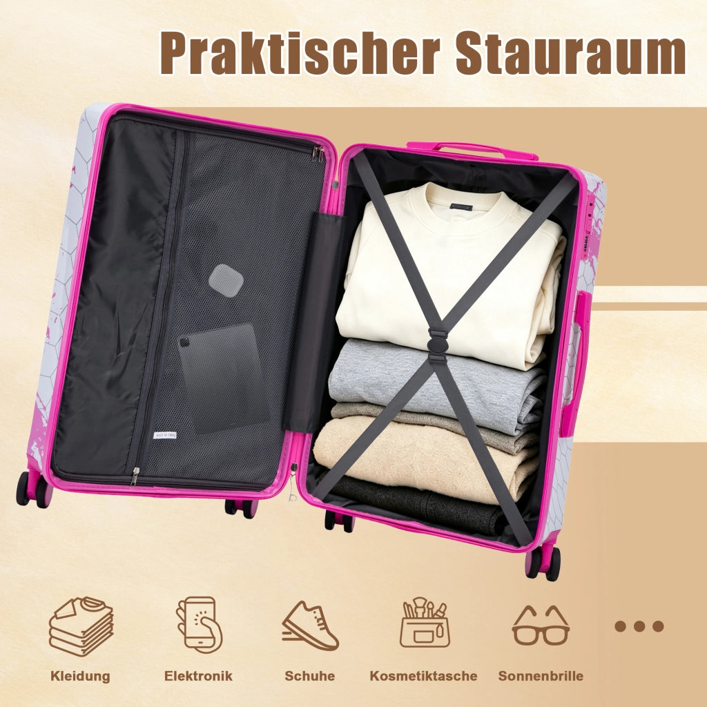 Set di 3 valigie da 20"/24"/28" in materiale PC con stampa fantasia e lucchetto a combinazione (rosa)