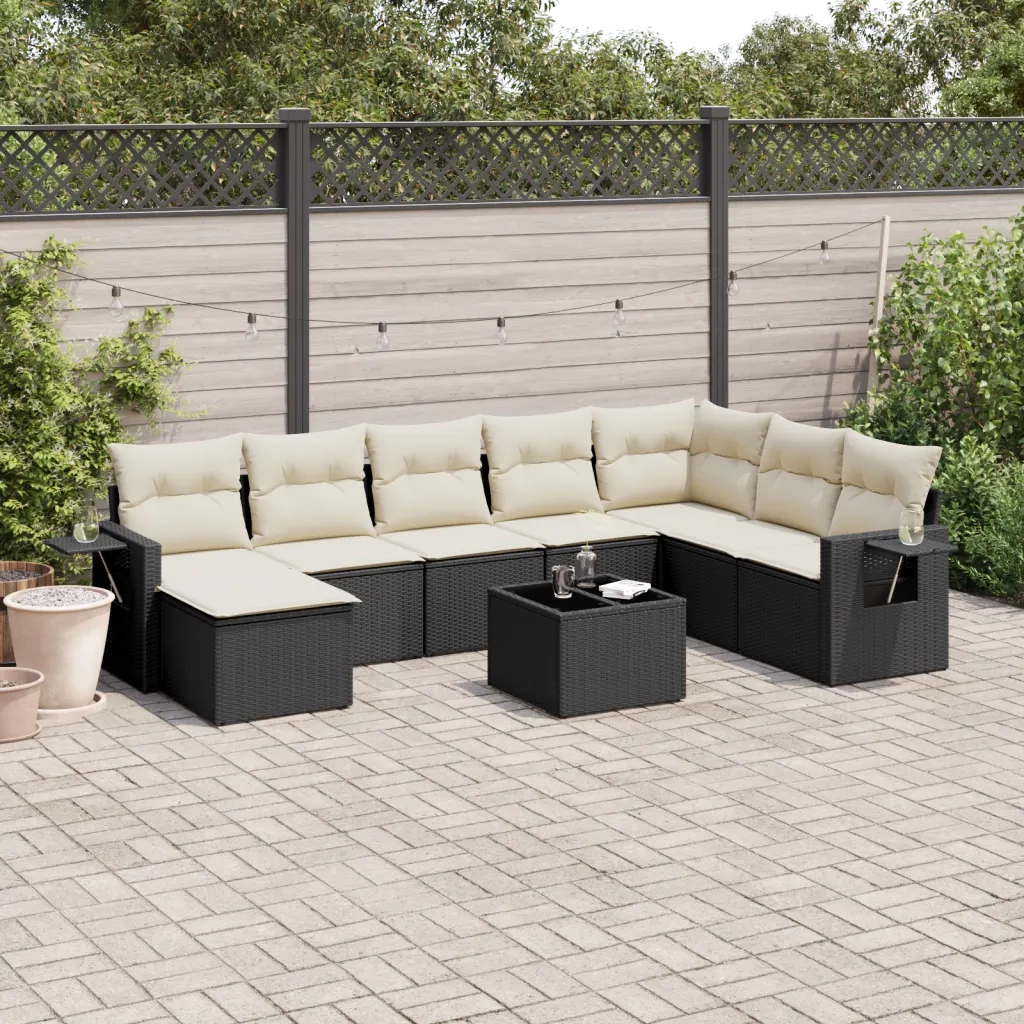 Set Divani da Giardino 9 pz con Cuscini Nero in Polyrattan