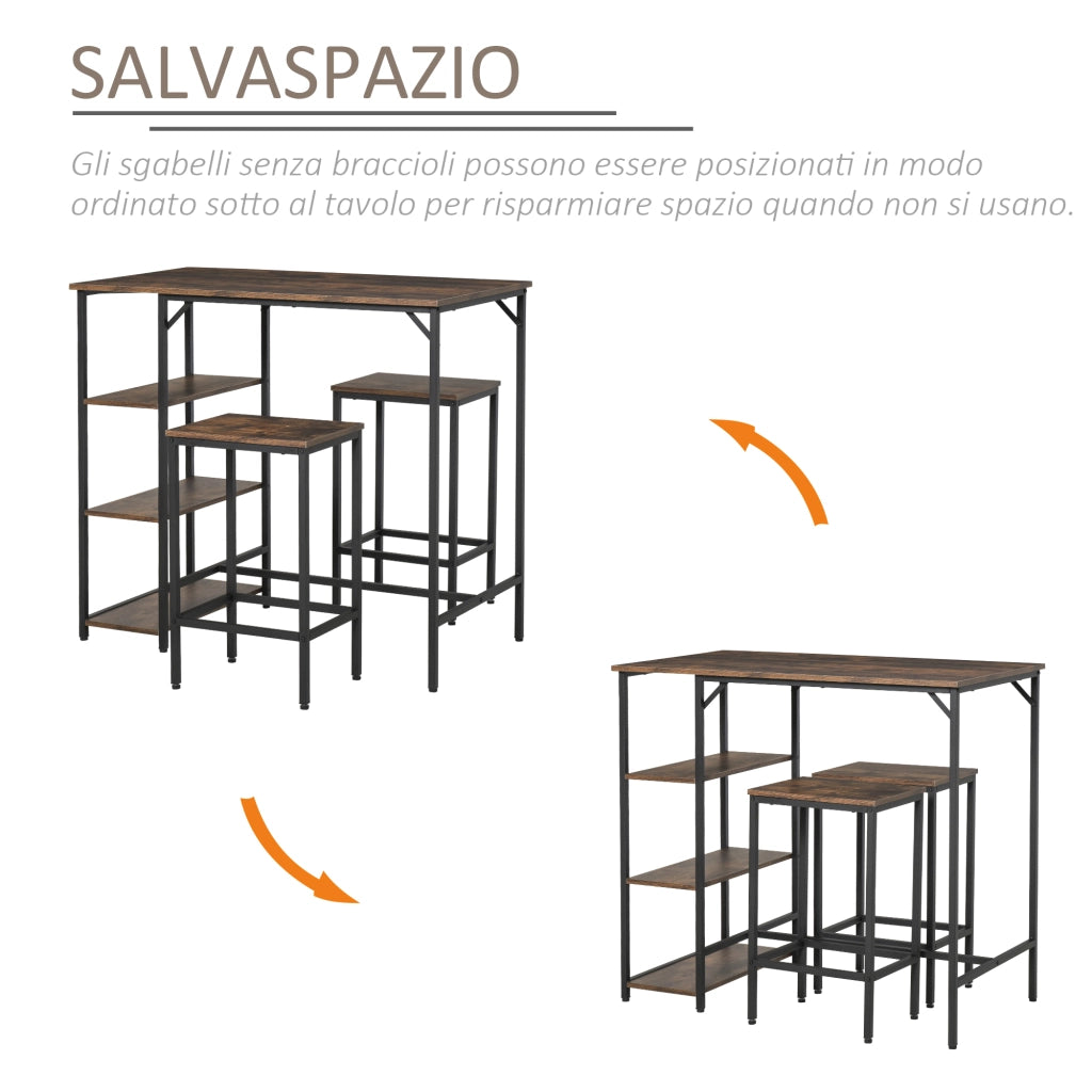 EasyComfort Set Tavolo Alto con 2 Sgabelli e Scaffale Stile Industriale in Metallo e Legno, Arredamento Moderno Bar e Cucina, Marrone Rustico