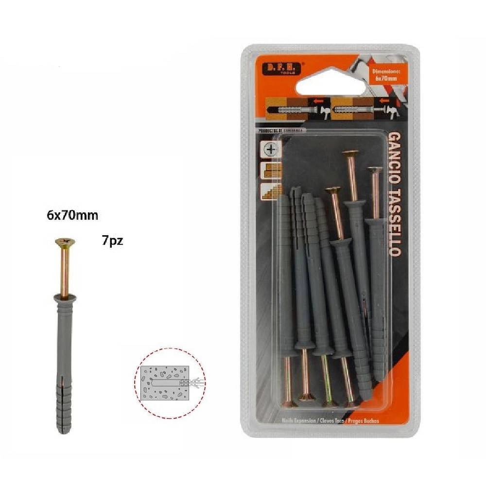 Trade Shop - Set 7 Pezzi Tasselli Fisher Viti Vite Chiodi Gancio Tassello Misura 6x70mm 69050 -