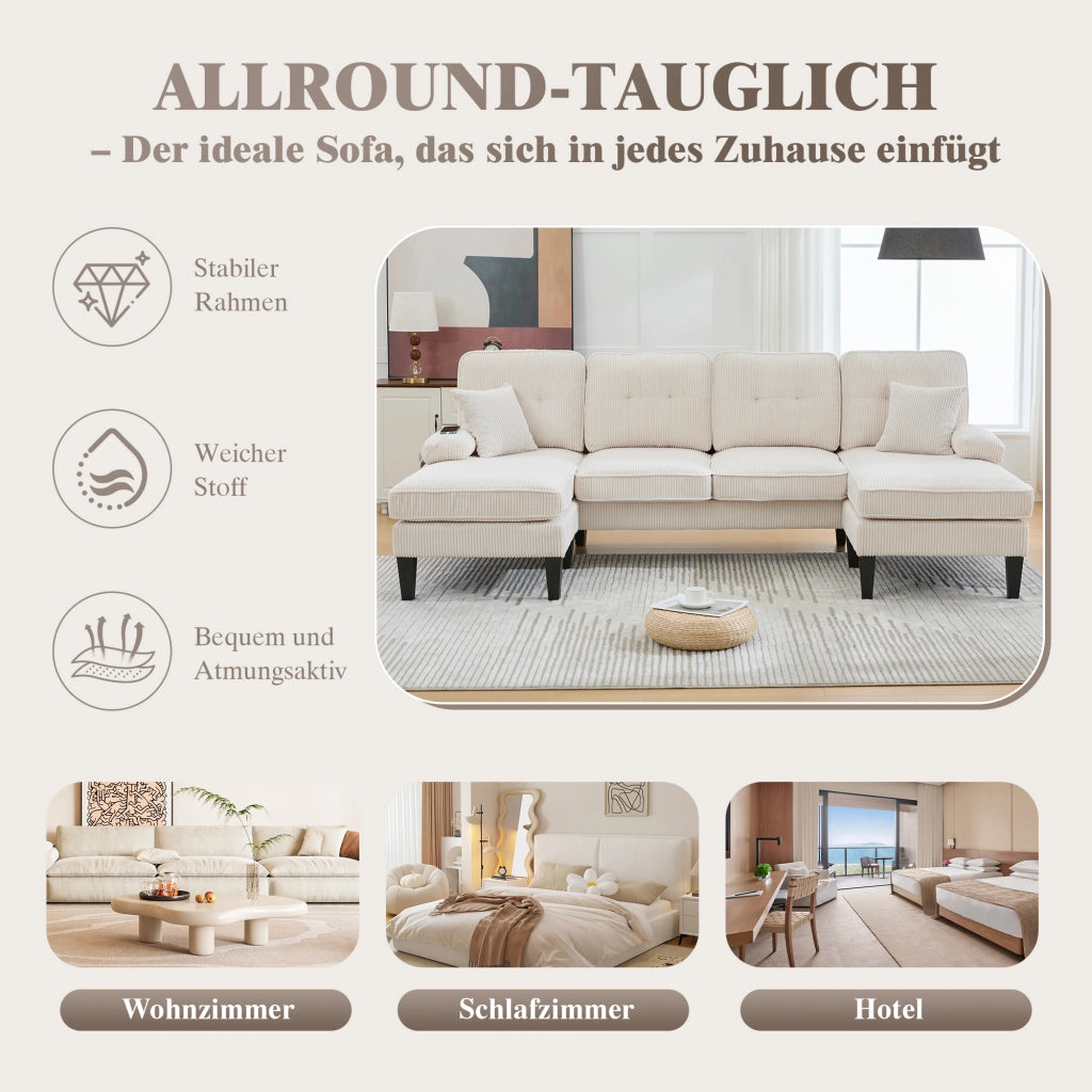Divano a U 4 posti in corduroy con tasche laterali, schienale ergonomico e seduta imbottita beige 250 × 130 × 88 cm