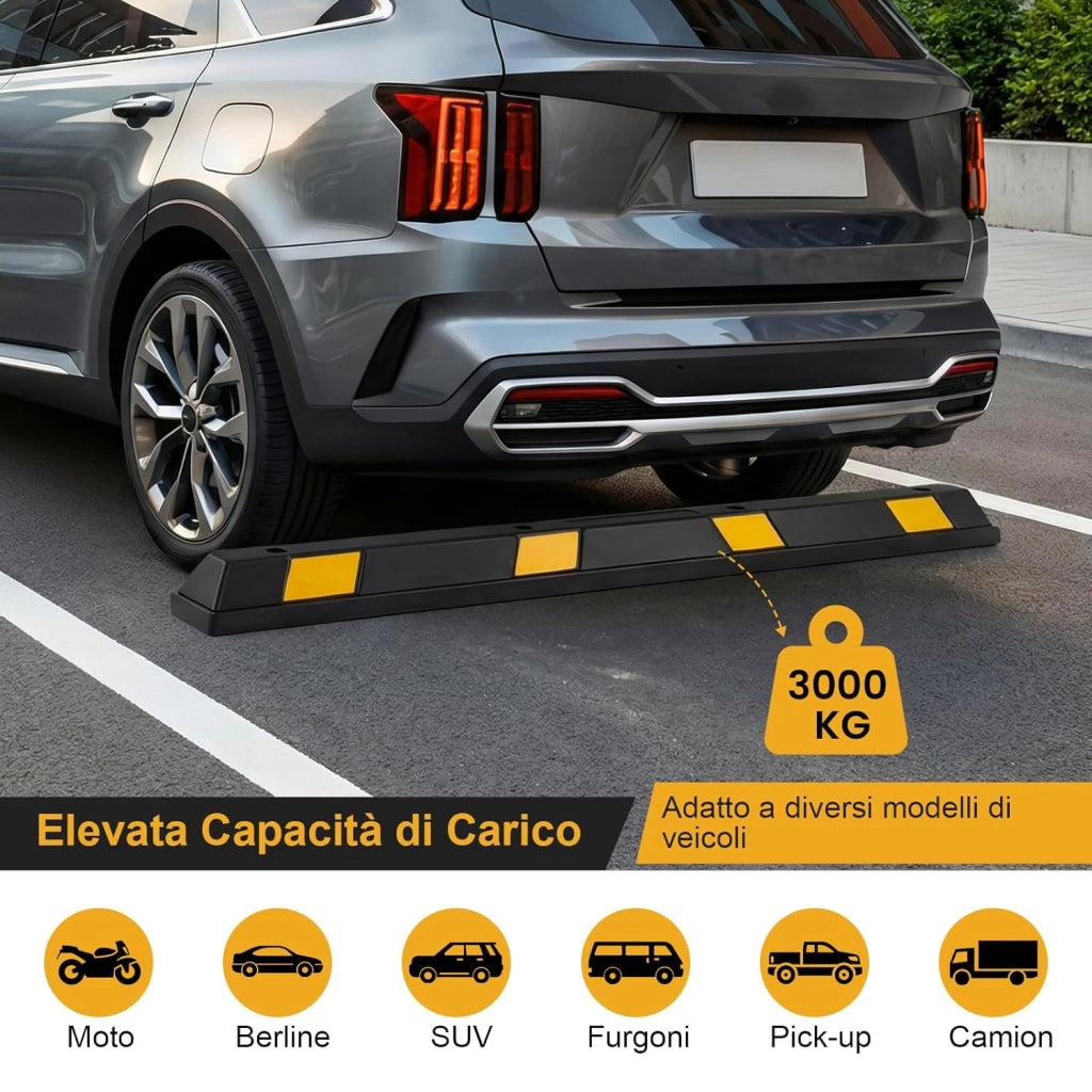 Ferma Ruota Garage in Gomma, Limitatore Blocco Parcheggio con Strisce Riflettenti e Antiscivolo, per Auto, Camper, Camion, Capacità di Carico di 3 Ton, 184 x 15 x 10 cm