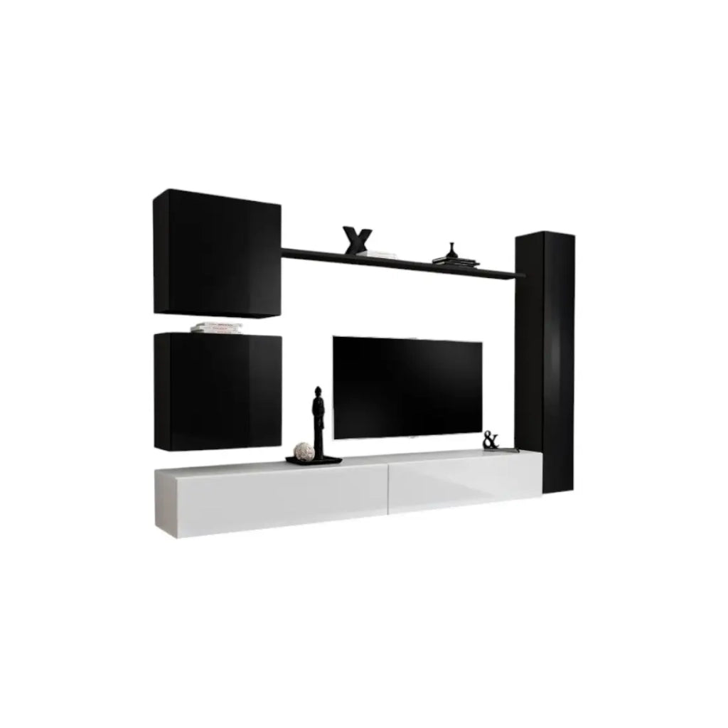 Mobile da soggiorno a parete SWITCH VIII. Mobile TV da parete di design, colore bianco e nero lucido.