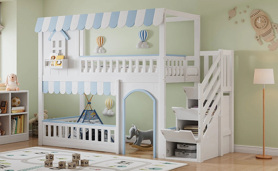 Letto a castello per bambini con armadio a gradini, struttura in pino e MDF, 90x200 cm, bianco e blu