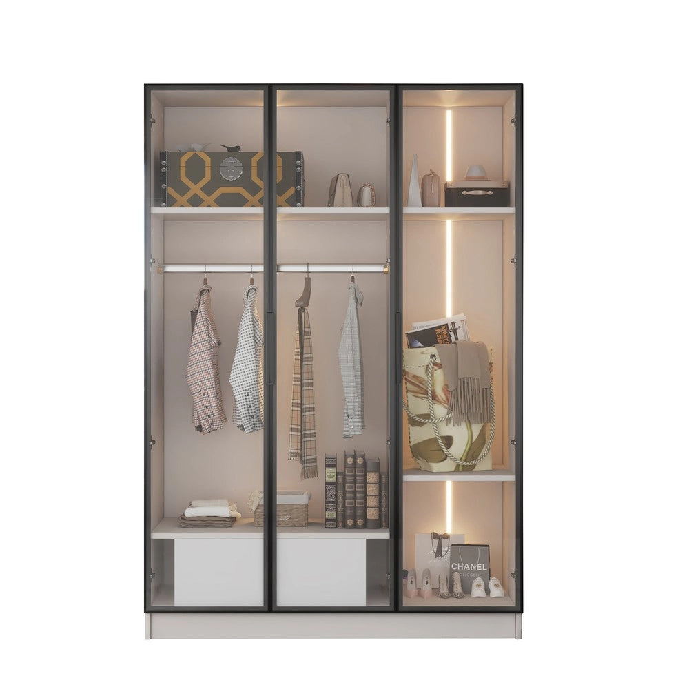 Armadio con Ante in Vetro Scorrevoli e Cassetto con LED ¨C MINIMAL ¨C Bianco, 110x50x160