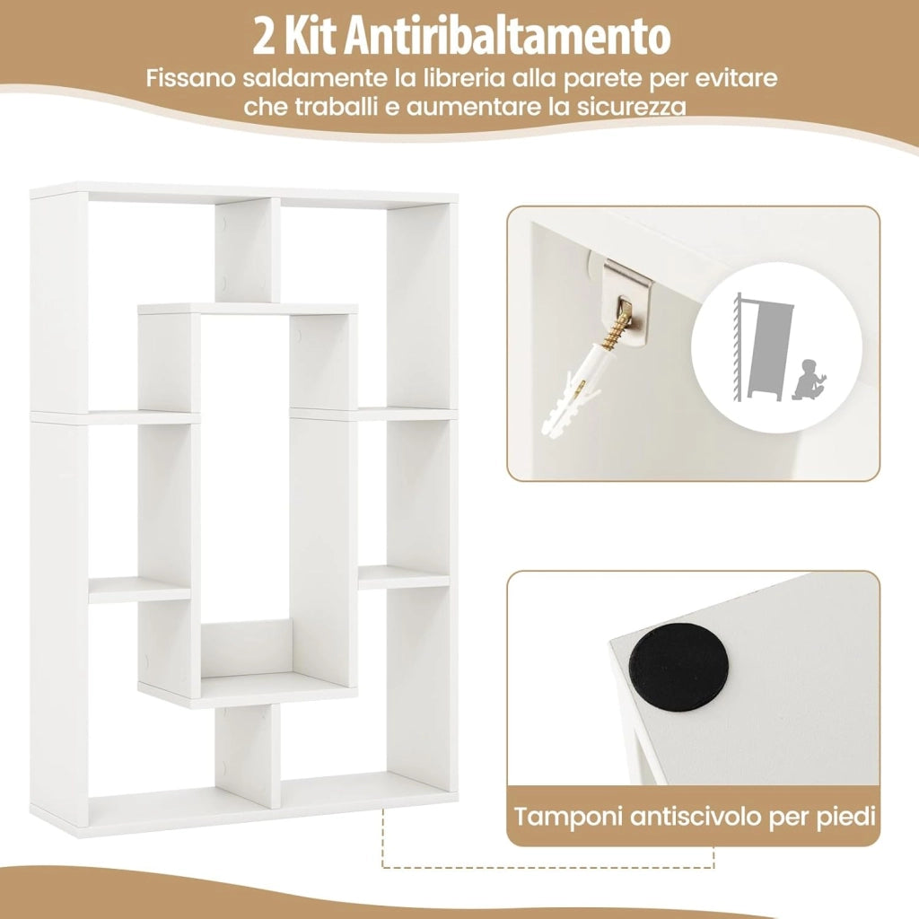 Libreria in Legno, Scaffale Aperto Geometrica a 7 Cubi, Scaffale da Esposizione con Dispositivo Anti-Ribaltamento, per Ufficio Soggiorno Camera da Letto, 60x20x90 cm (Bianco)