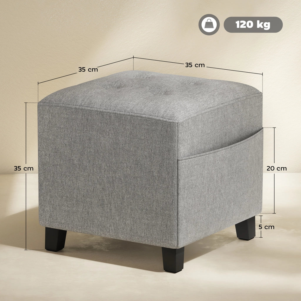 Pouf quadrato con tasca laterale ¨C Xylo ¨C tessuto effetto lino grigio chiaro gambe legno