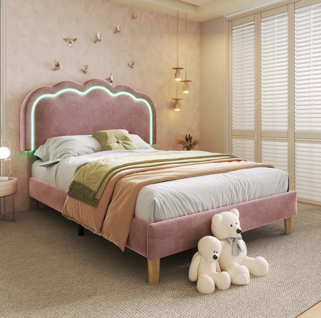 Letto singolo imbottito rosa 90x190 cm con testiera LED regolabile e struttura in velluto