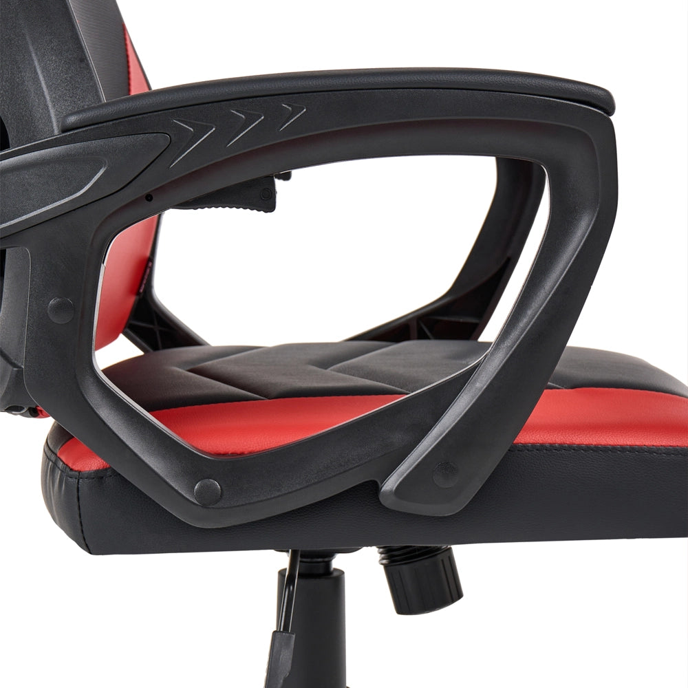 Sedia da ufficio in ecopelle nero e rosso, regolazione in altezza con pistone a gas, funzione di inclinazione, rotazione a 360°, schienale e braccioli regolabili