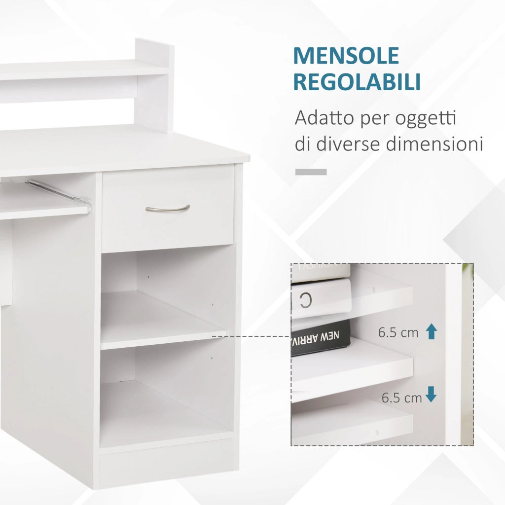 EasyComfort Scrivania per Computer Compatta, Scrivania PC Fisso in Legno Bianco con Ripiano Tastiera Estraibile e Mensole 104x48x95.5cm