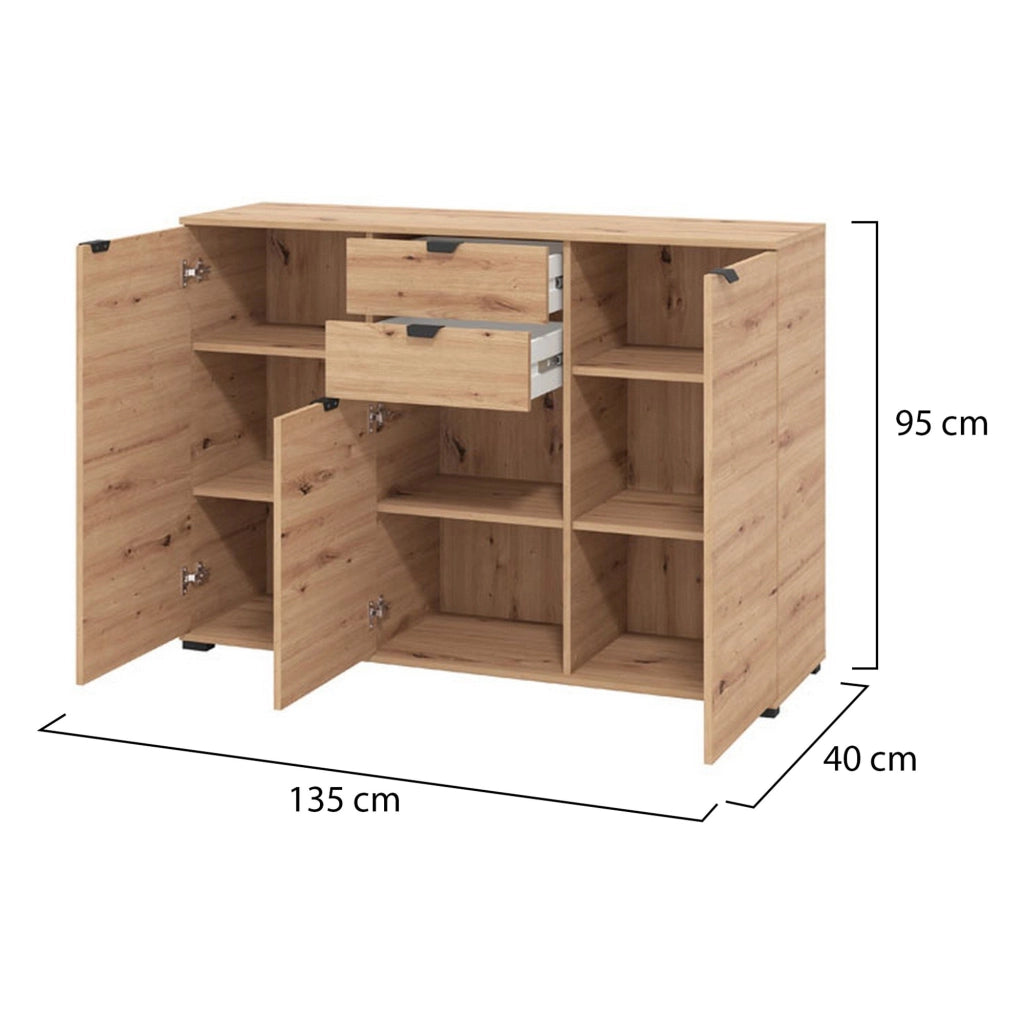 Mainarda, Cassettiera 2 Cassetti, 135x40x95h cm Marrone Rovere Nodi