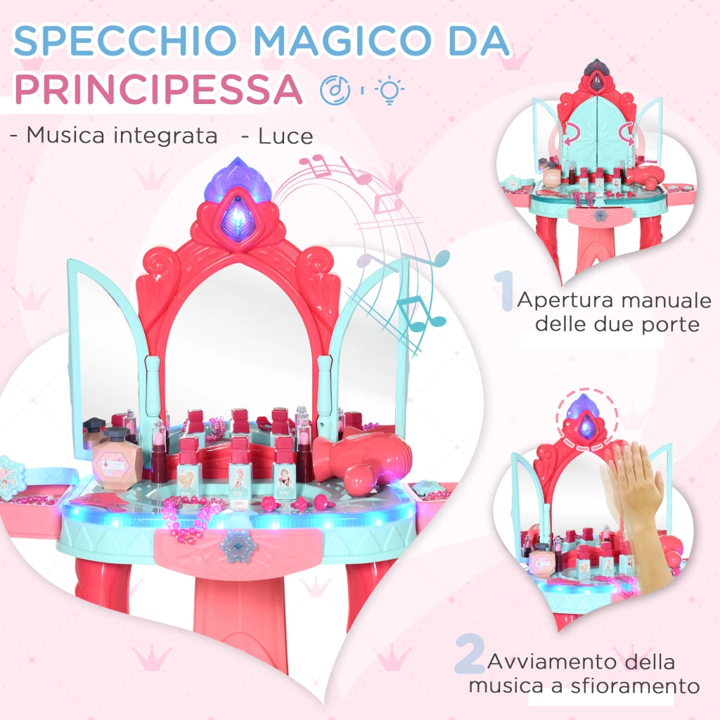 Tavolino trucco per bambine con sgabello, specchio e luci ¨C zephmum ¨C multicolore, PP e GPPS, 57x34x76 cm
