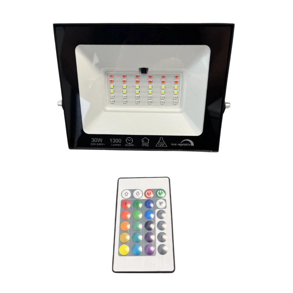 Faro Led Flood Slim RGB Con Telecomando 30W 1300 Lumen RGB AC 220V 50Hz Nero IP65