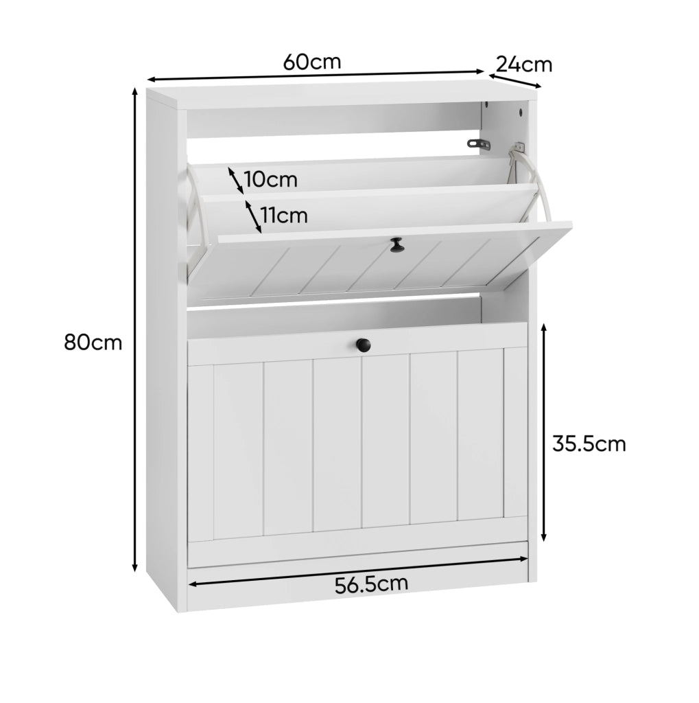 Mobile Scarpiera bianca 60 cm stile Mid-Century con 2 cassetti a ribalta per ingresso e corridoio