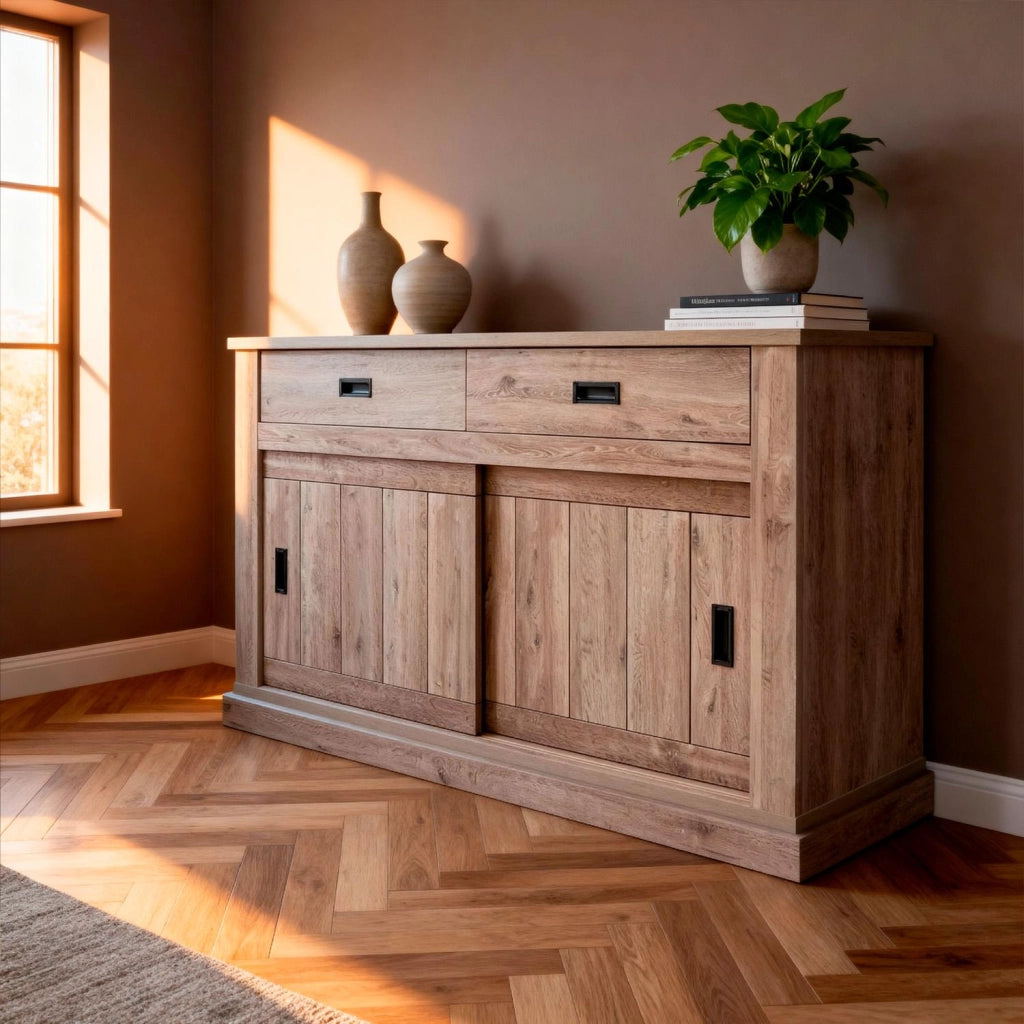 Mobile Soggiorno Madia Con 2 Cassetti 2 Ante Scorrevoli E 4 Ripiani Interni Credenza Design Minimal Shabby Chic Per Sala Da Pranzo Zona Living 150 X 50 X 95.5 Cm Rovere Alaska