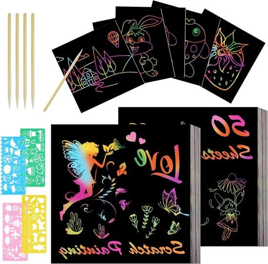 Arte di disegno per bambini - 50 pezzi di note per disegno magico - tavole da disegno - arte e manualità per bambini - con 4 stencil - 5 stili in legno - regali per bambini - attività da fare in casa - regali di compleanno - regali di festa