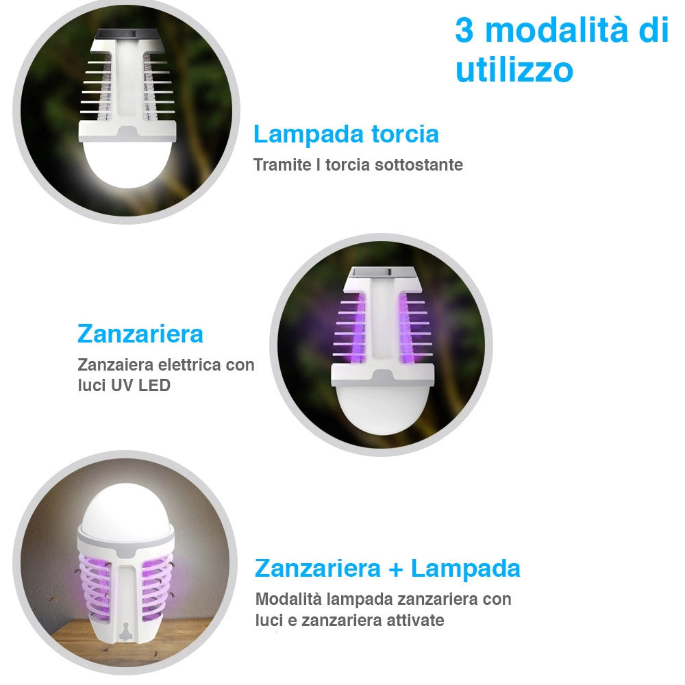 Zanzariera Elettrica Torcia Lampad LED Campeggio Anti Zanzare Batteria Litio USB
