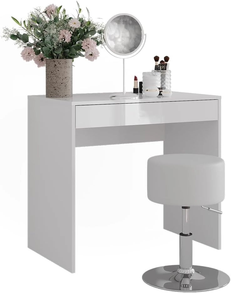 Tavolo da toeletta Sherry, Bianco/bianco lucido, 81.4 cm con sgabello