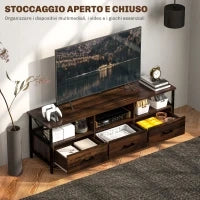 Mobile TV Industriale con 3 Cassetti e 3 Ripiani Aperti, in Legno e Acciaio, 147x40x50 cm, Nero e Marrone