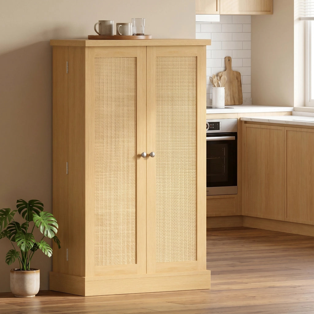 Armadio Cucina in Rattan con 5 Ripiani, 12 Scomparti Spezie e Fondi Regolabili ¨C zephmum ¨C Naturale 104 cm