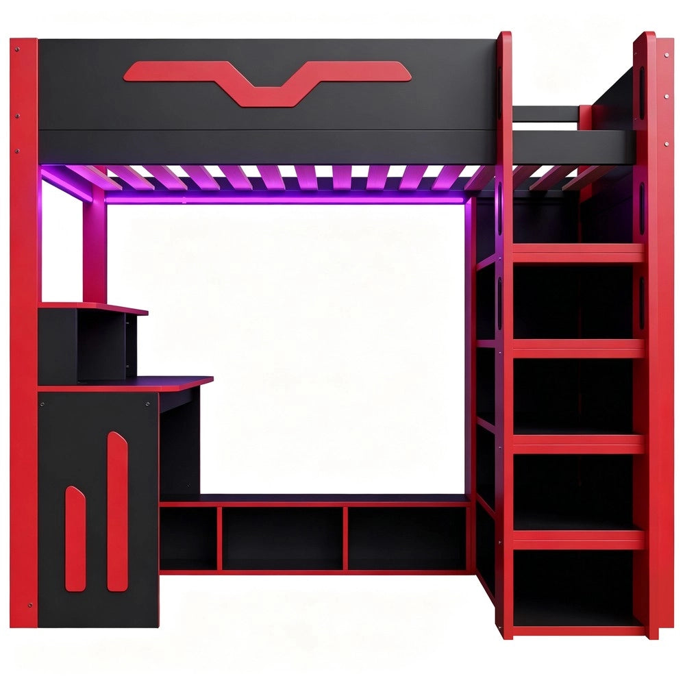 Letto a Soppalco con Scrivania ¨C Xylo ¨C Legno, LED, Scala con Cassetti, Nero, 90x200