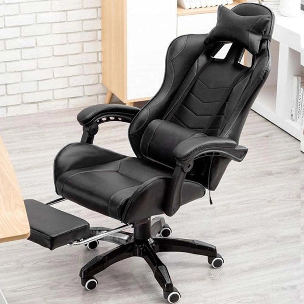 Trade Shop - Sedia Poltrona Gaming Ufficio Casa In Ecopelle Cuscino Lombare Poggiatesta Piedi Nero -