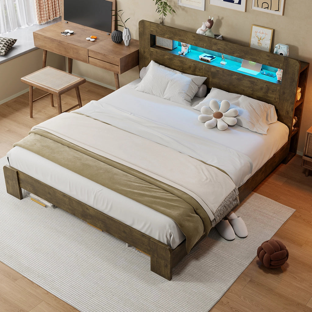 Letto con testiera matrimoniale 180×200 cm con ripiani; LED e prese; senza materasso; legno; vintage