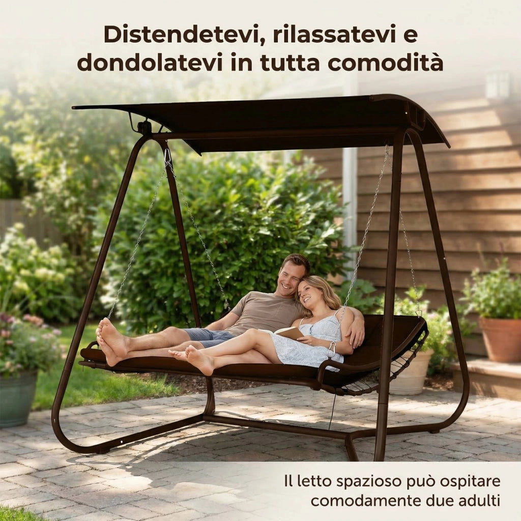 Dondolo Amaca Letto 2 Posti da Giardino con Tetto Parasole Struttura in Acciaio e Seduta Imbottita in Textilene per Terr