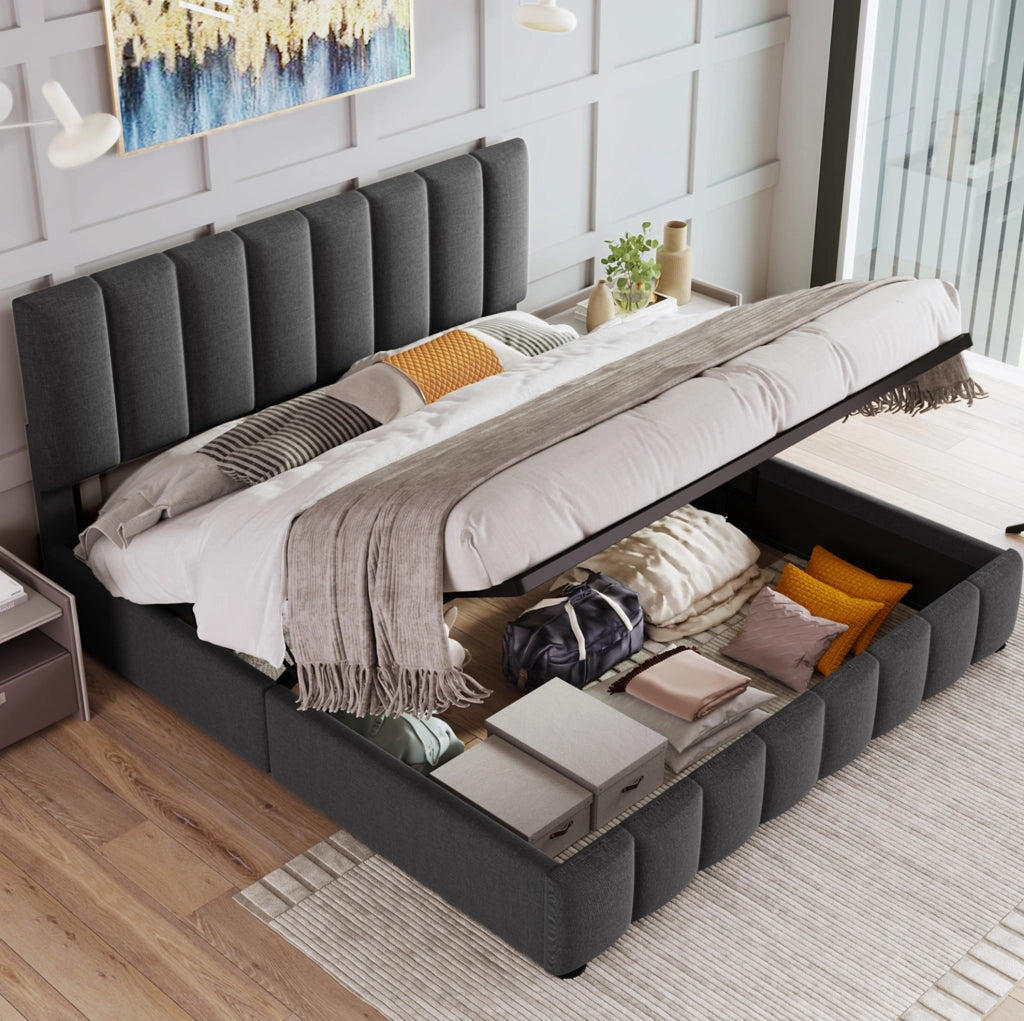 Letto matrimoniale imbottito 140x200 cm in lino grigio con contenitore e testiera regolabile