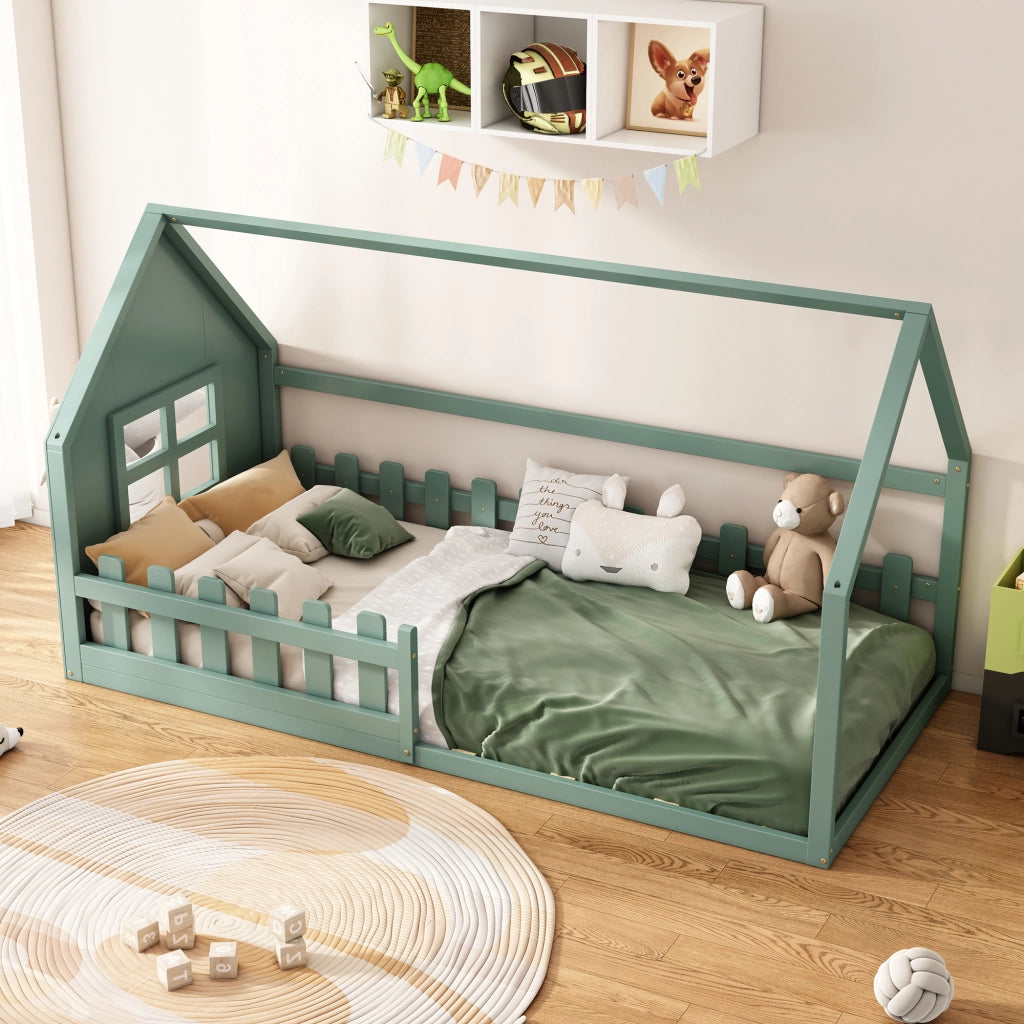 Letto a baldacchino bambini verde in pino e mdf 90x200 cm
