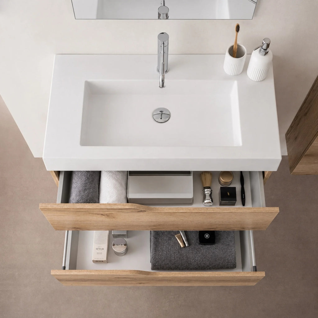 Mobile bagno sospeso 100cm quercia e bianco con lavabo in resina Sumya