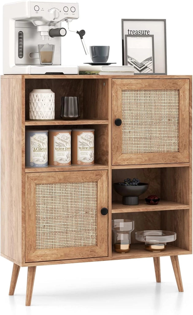 Credenza da cucina con 2 ante in rattan, armadio con 4 ripiani aperti e 2 armadi, 80 x 29,5 x 97 cm, mobile ausiliario per cucina, sala da pranzo, soggiorno