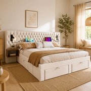 Letto matrimoniale 160x200 cm in velluto beige con 2 comodini; 4 cassetti e luci lettura USB Type C