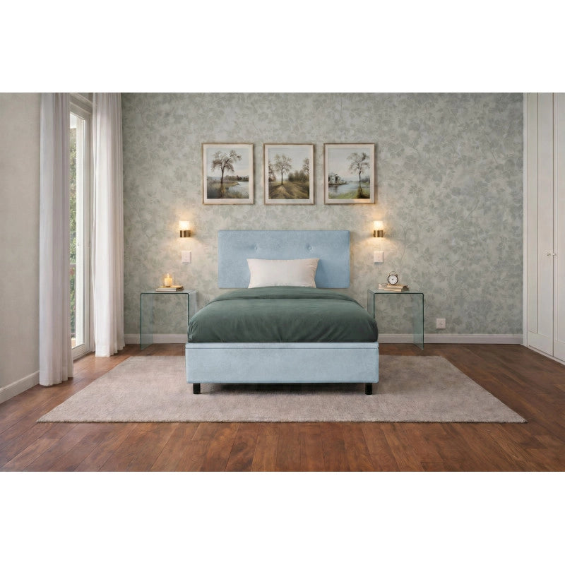 Letto imbottito Singolo 80x200 cm Button - Contenitore,Microfibra,Azzurro