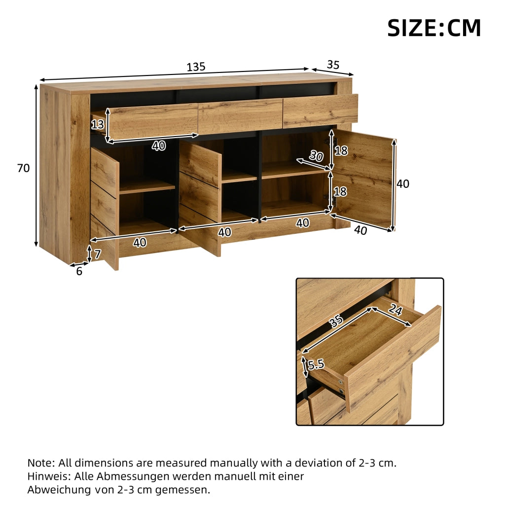 Credenza con 3 cassetti e ripiani regolabili per soggiorno in truciolato 135×35×70 cm